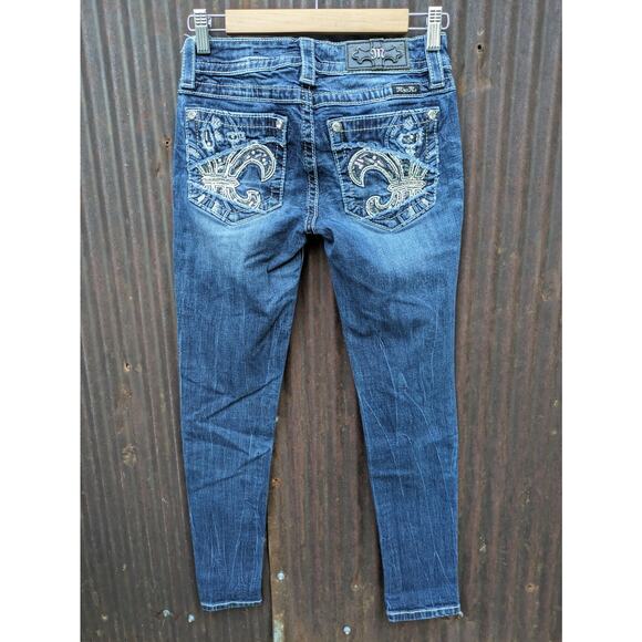 Miss Me Jeans Womens 25 Blue Signature Ankle Skinny Embroidered Distressed Bling - Picture 1 of 13
